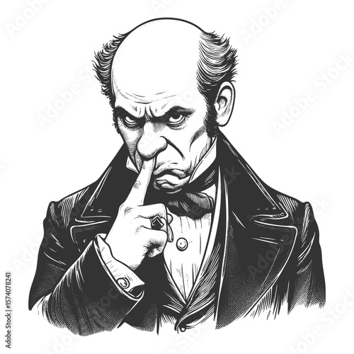 stern-looking man in a suit and bow tie, dramatically picking his nose with suspicion sketch engraving generative ai fictional character vector illustration. Scratch board imitation. Black and white.