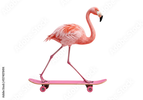 Isolated Flamingo Riding a Pink Skateboard with Style