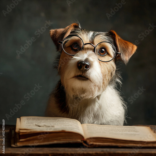Cute dog in glasses at table with opened book, studying, studio portrait