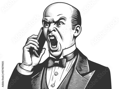 bald man in a suit shouting angrily into a smartphone with an exaggerated expression of rage sketch engraving generative ai vector illustration. Scratch board imitation. Black and white image.