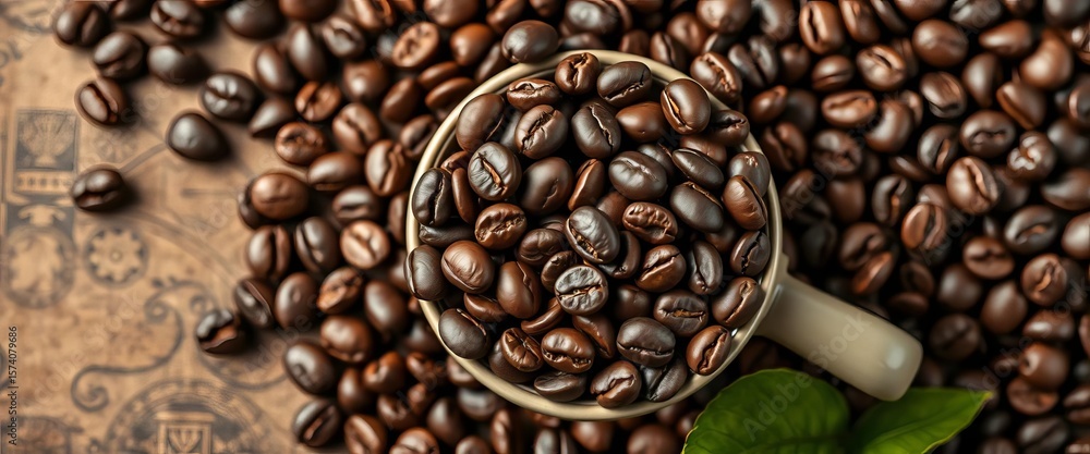 Fototapeta premium Dark roasted coffee beans artfully arranged in a cup shape, arrangement, coffee beans