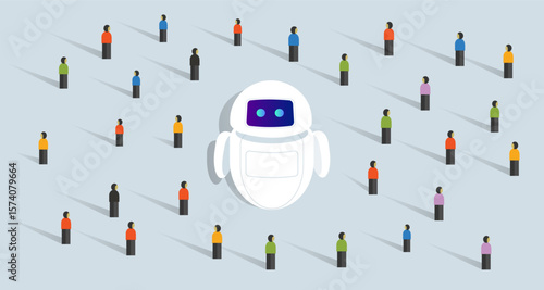 A central AI chatbot surrounded by a diverse crowd of people, illustrating the widespread interaction integration of AI technology within a population