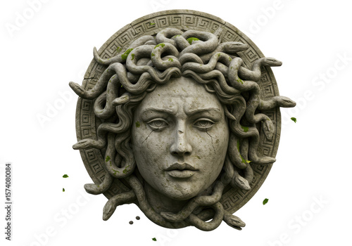Isolated Medusa Stone Head Surrounded by Snakes and Moss