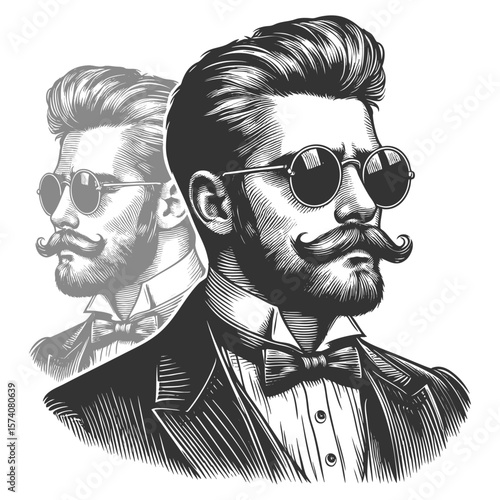 fashionable man with beard, sunglasses, bow tie, shown in artistic double exposure composition sketch engraving generative ai fictional character vector illustration. Scratch board. Black and white.