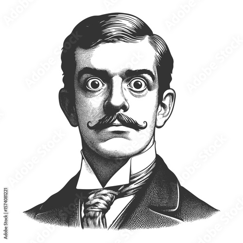 surprised Victorian gentleman with wide eyes and formal attire, expressing shock or disbelief sketch engraving generative ai fictional character vector illustration. Scratch board. Black and white.