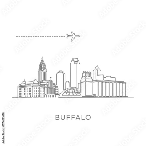 Buffalo skyline vector with plane travel, and NY.