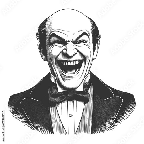 bald man in a formal suit bursting into loud laughter with an exaggerated, joyful expression sketch engraving generative ai fictional character vector illustration. Scratch board. Black and white.