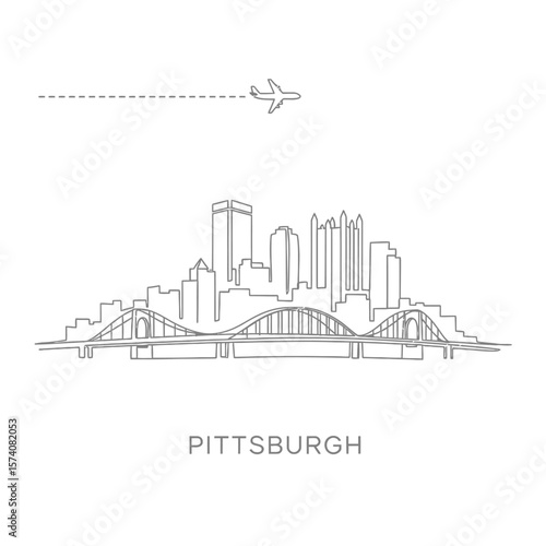 Pittsburgh Skyline Line Art Airplane Travel.