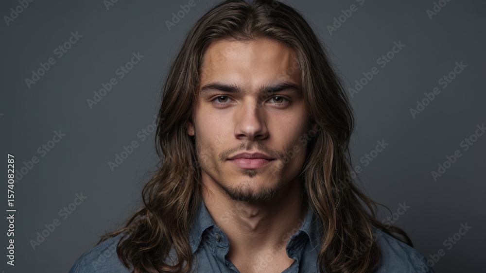 Portrait of young long-haired man with goatee wearing denim shirt on gray background Portrait of young long-haired man with goatee wearing denim shirt on gray background