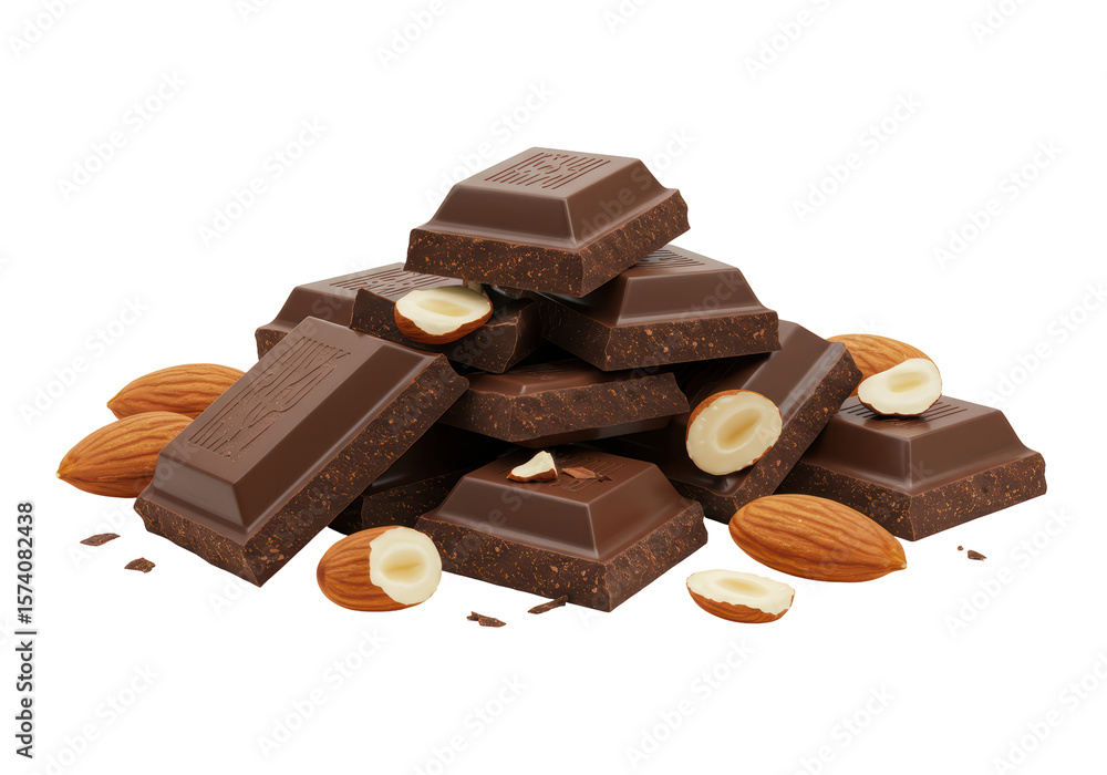 Isolated Dark Chocolate Pieces with Almonds Stacked Isolated Dark Chocolate Pieces with Almonds Stacked