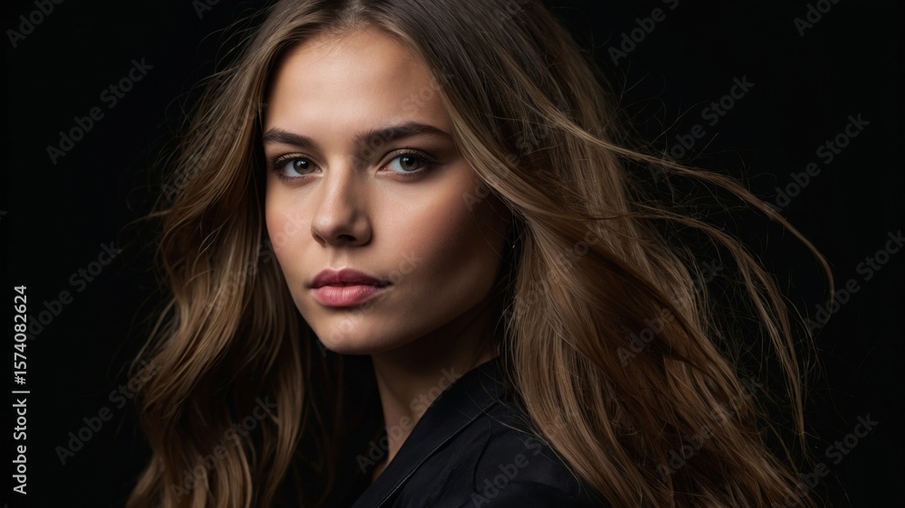 Fototapeta premium Studio portrait capturing the beauty of a young woman with her long brown hair flowing freely