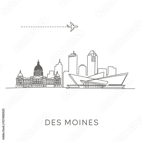 Des Moines Iowa Skyline with USA, and Airport Travel.