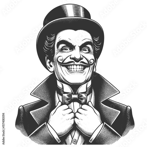 theatrical man with curled mustache and wide grin, adjusting bow tie with intense expression sketch engraving generative ai fictional character vector illustration. Scratch board. Black and white.