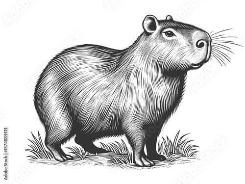 Capybara sketch engraving generative ai fictional character vector illustration. Scratch board imitation. Black and white image.