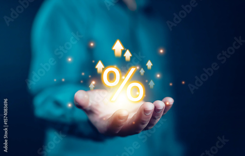 Show percentages, special offers, department store discounts and tax concepts, adjust interest rates, raise interest rates to fight inflation, financial investment returns