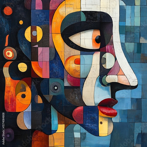 Abstract portrait composed of geometric shapes showcasing vibrant colors and a unique cubist inspired photo.