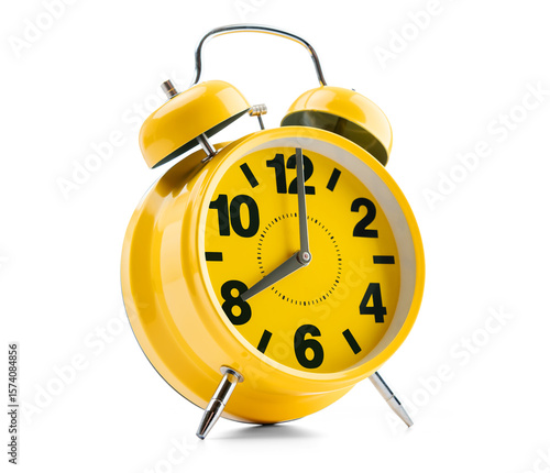 Fotografía Bright yellow retro alarm clock with twin bells on transparent background