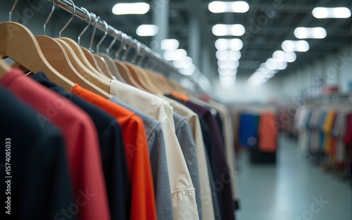 Rows of Clothing on Hangers in a Modern Warehouse. High quality