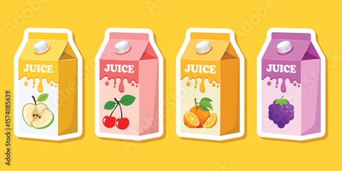 Grape, Cherry, Apple, Orange juice paper sticker icon set collection in flat style. Organic drinks vector illustration on isolated background. Healthy cocktails sign business concept.
