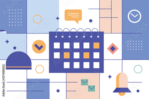 A modern abstract composition depicting a calendar with icons representing time management and planning.