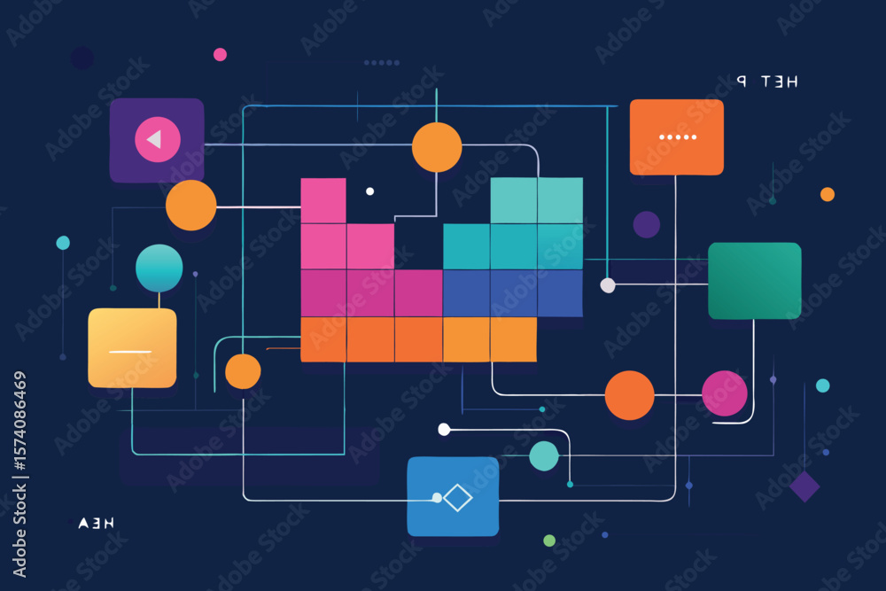Fototapeta premium Abstract digital network design with geometric shapes and interconnected lines on dark blue background