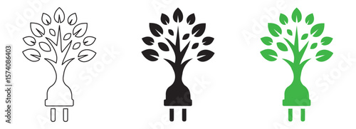 Eco Friendly Electric Plug Tree Symbol – Green Energy Concept, Car charging point icon png. Electric plug symbol. Electricity sign. Green energy vector illustration. Wire with plug