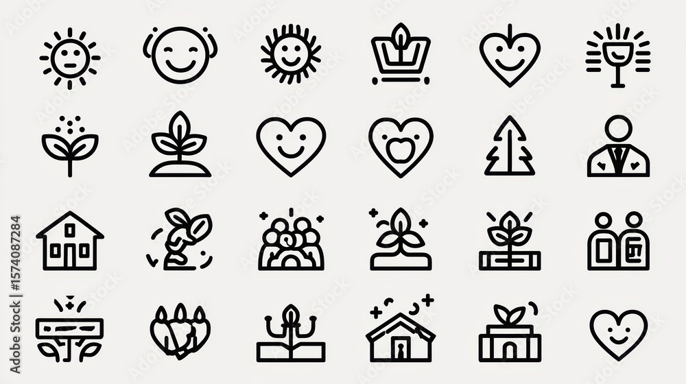 Collection of Minimalist Icons Featuring Nature, Happiness, and Love Themes in Black and White Design Collection of Minimalist Icons Featuring Nature, Happiness, and Love Themes in Black and White Design