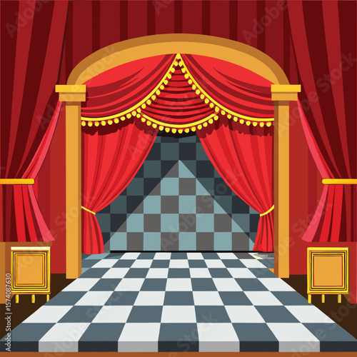 Opulent red theater stage with checkered floor curtains