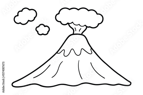line drawing of a volcano erupting, with a cloud of smoke and lava vector illustration coloring page