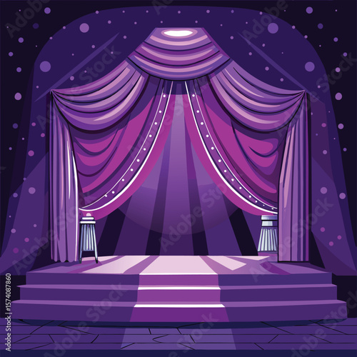 Ornate purple velvet stage curtains with spotlights