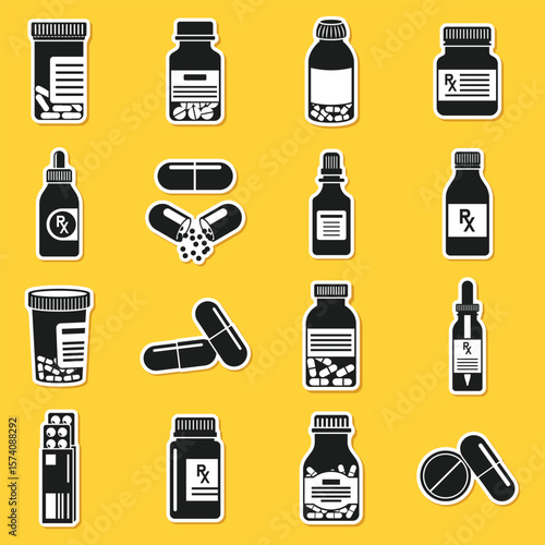 Pill paper sticker icon set collection in flat style. Drug vector illustration on isolated background. Medicine pharmacy sign business concept.
