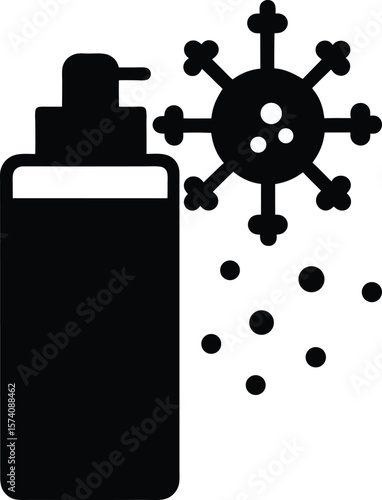 Antiviral spray bottle icon with virus particles being neutralized