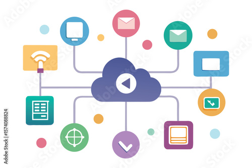 Cloud computing and network integration concept represented through modern flat design elements for technology related visualization.