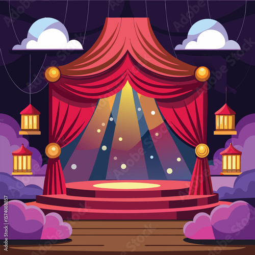 Red velvet stage curtains with golden accents and lanterns