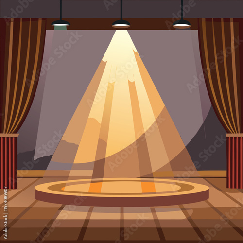 Spotlighted stage with warm brown curtains performance
