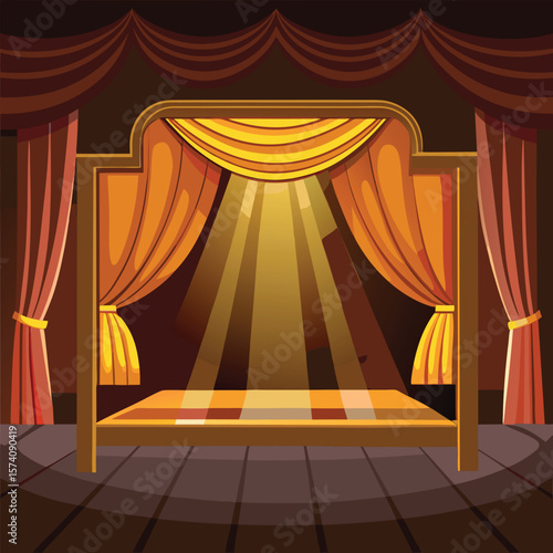Theatrical stage golden brown curtains spotlight performance