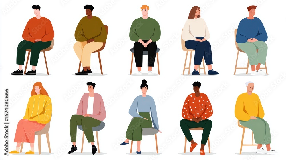 Fototapeta premium Group Of Diverse Characters Sitting On Chairs In Colorful Casual Outfits Illustration