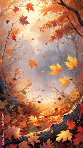 Vertical banner, wallpaper for social media of Fall, featuring vibrant colors, warm golden light, and an abundance of textures, with intricate depictions of fallen leaves, twigs, acorns