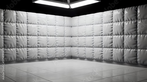 Empty Padded White Room with Shiny Floor in Stark Isolation illuminated by Bright Light Structure and Cleanliness