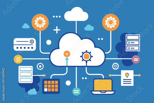 Modern cloud computing illustration displaying data centers synchronization network and wireless technology