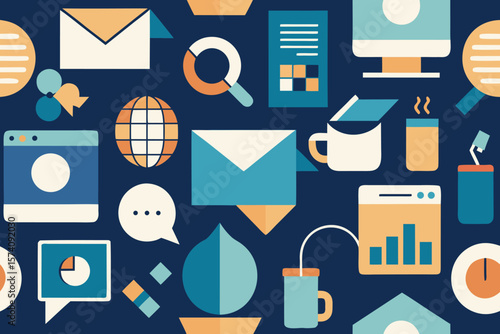 Seamless business icons and symbols background featuring flat design elements in a modern and engaging style