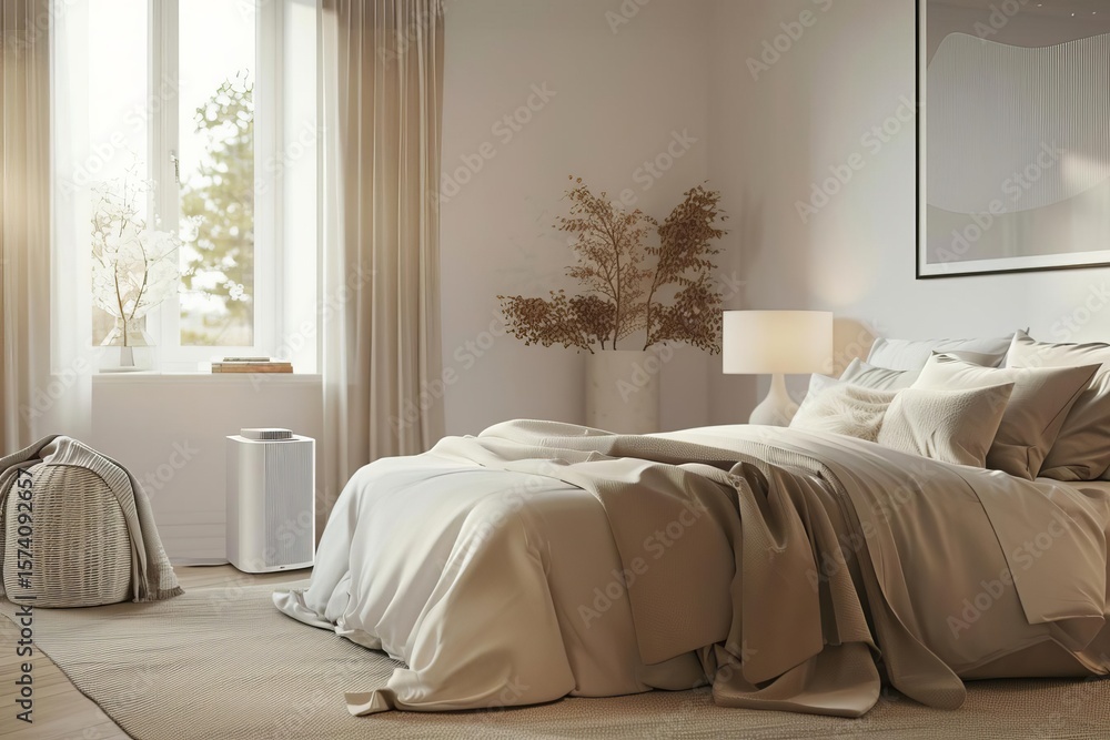 Fototapeta premium Bedroom interior featuring a large bed, air purifier, woven basket, and natural light, in a neutral color palette.