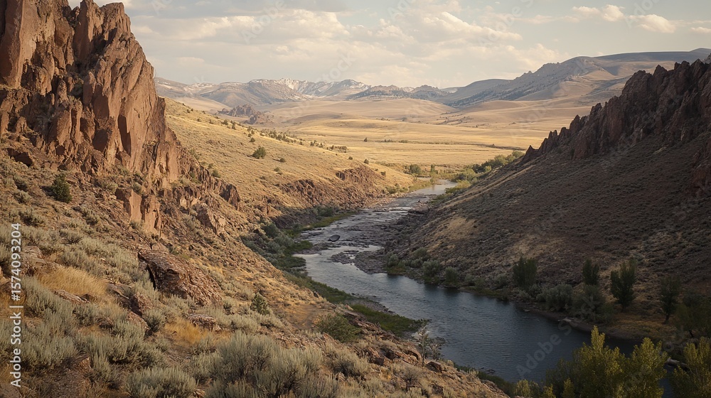 Fototapeta premium Serene river valley nestled between dramatic, sun-drenched rock formations. A tranquil scene showcasing the beauty of nature's artistry