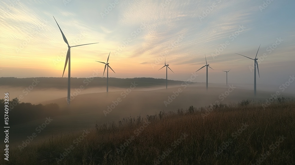 Fototapeta premium Serene sunrise over a misty field with several wind turbines generating clean energy