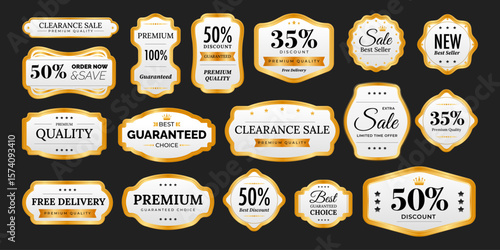 Set of Gold Seal Labels Set Collection, Golden luxury labels, gold premium quality certificate emblems badges, Luxury VIP and premium quality sticker tags and banners best product seals vector
