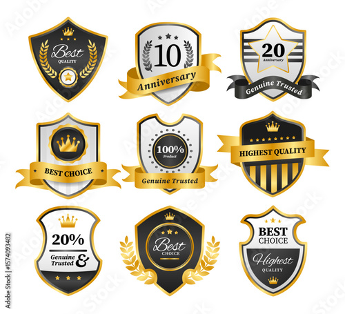Set of Gold Shield Seal Labels Set Collection, Golden luxury labels, gold premium quality certificate emblems badges, Luxury VIP and premium quality sticker tags and banners best product seals vector