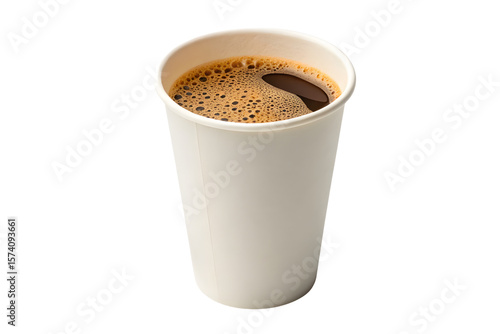 Dark charcoal paper coffee cup with black plastic lid featuring embossed text and modern design, isolated on a transparent background