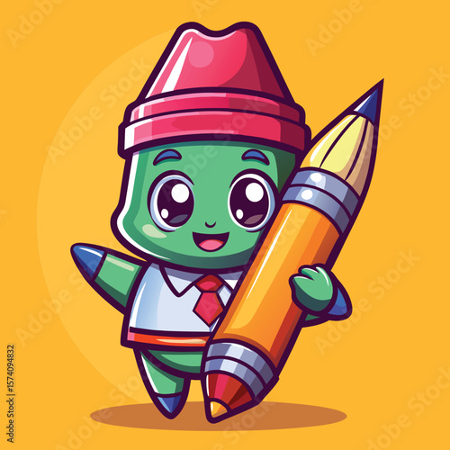 Cute, cartoonish character, a green creature, wearing a red hat and a red tie, holding a yellow pencil