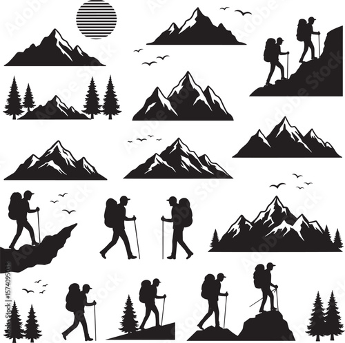 Backpackers hiking climbing mountains trees sun birds silhouettes set