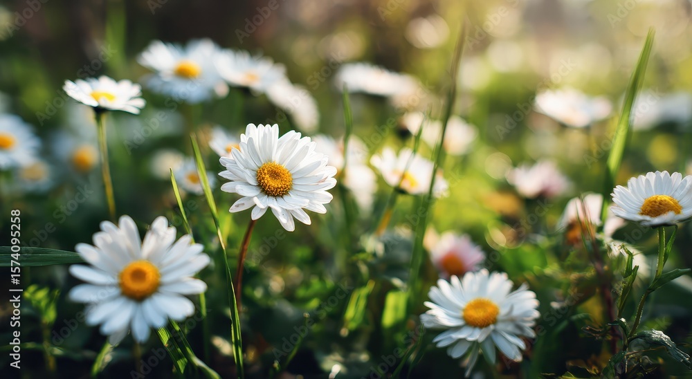 Fototapeta premium Daisies bloom in a meadow, sun dappled, promoting eco beauty products, wellness